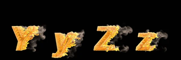 Capital de incêndio e fumaça (maiúsculas) e letras minúsculas Y e Z isoladas em preto, racing speed concept font - ilustração 3D de símbolos — Fotografia de Stock