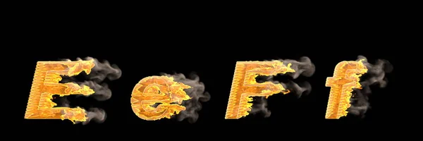 Velocidade rápida corrida alfabeto criativo, fogo infernal e fumaça capital (maiúsculas) e letras minúsculas E e F isolado em preto - ilustração 3D de símbolos — Fotografia de Stock