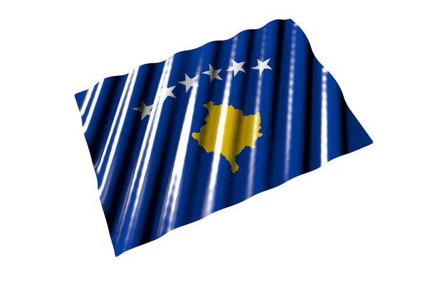 Cute glossy flag of Kosovo with large folds lying flat isolated on white, perspective view - any occasion flag 3d illustration — Stock Photo, Image