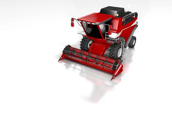 Industriële 3D-illustratie van grote gesmolten rode tarwe combineren Harvester Front Top uitzicht met reflectie op wit, mockup met plaats voor tekst — Stockfoto