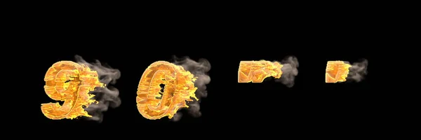 Feuer und Rauch Zahlen 9 und 0, Apostroph und Anführungszeichen isoliert auf schwarz, Renngeschwindigkeit Konzeptschrift - 3D-Abbildung von Symbolen — Stockfoto