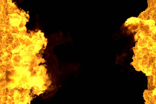 Mistik yanan patlama çerçevesi siyah izole - yanlardan yangın hatları sol ve sağ, üst ve alt boş - yangın 3d illüstrasyon — Stok fotoğraf