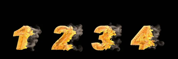 Fast speed racing creative alphabet, burning fire and smoke numbers 1 2 3 4 isolated on black - 3D illustration of symbols