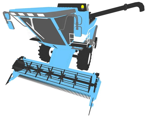 Modelo 3D de dibujos animados de color azul combinar cosechadora con tubo de cosecha aislado, renderizado con efecto de lente ancha - ilustración 3D industrial —  Fotos de Stock