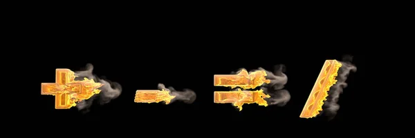 Fire and smoke plus minus (dash) equals sign and slash (stroke, solidus) isolated on black, racing speed concept font - 3D illustration of symbols