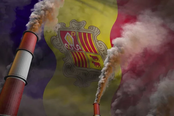 Lucha contra la contaminación en Andorra concepto - ilustración industrial 3D de dos grandes chimeneas de fábrica con humo pesado en el fondo de la bandera —  Fotos de Stock