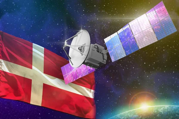 Concept de technologie des communications spatiales - satellite avec drapeau du Danemark, illustration 3D — Photo
