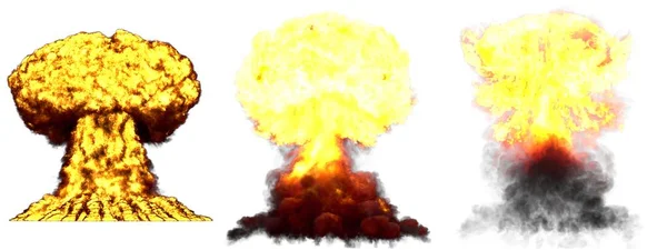 3D illustratie van explosie-3 grote zeer gedetailleerde verschillende fasen paddestoel wolk explosie van nucleaire bom met rook en brand geïsoleerd op wit — Stockfoto