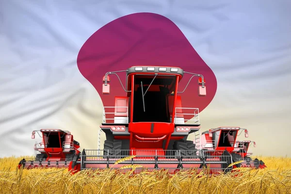 Illustration 3D industrielle de quatre moissonneuses batteuses-batteuses rouge vif sur champ rural avec fond drapeau, concept d'agriculture japonaise — Photo