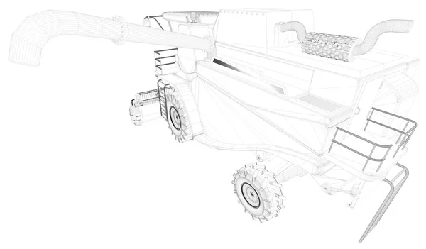 Esquema 3D fino e detalhado de colheitadeira com tubo de grão isolado, conceito de desenvolvimento de máquinas agrícolas ilustração 3D industrial — Fotografia de Stock