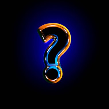 Koyu parlak cam yazı tipi - karanlık arka planda izole soru işareti, sembollerin 3d illüstrasyon