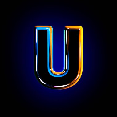 siyah arka plan üzerinde izole camsı koyu mavi parlak alfabe nin U harfi - sembollerin 3d illüstrasyon