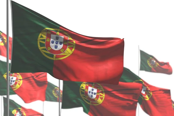 Merveilleux de nombreux drapeaux Portugal sont agitant isolé sur blanc - image avec un accent sélectif - tout drapeau de vacances illustration 3D — Photo