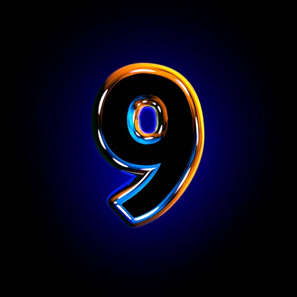 Numer 9 szklisty ciemny niebieski błyszczący czcionka na czarnym tle-ilustracja 3D symboli — Zdjęcie stockowe