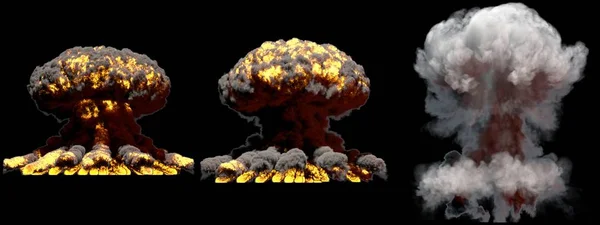 3D illustration of explosion - 3 huge different phases fire mushroom cloud explosion of hydrogen bomb with smoke and flame isolated on black background