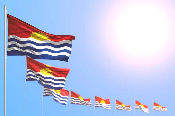 Wonderful many Kiribati flags placed diagonal with bokeh and empty space for your content - any holiday flag 3d illustration — Stock Photo, Image