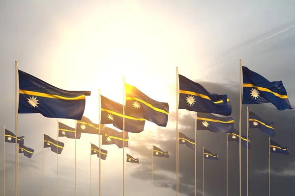 Cute many Nauru flags in a row on sunset with free place for your text - any occasion flag 3d illustration — Stock Photo, Image