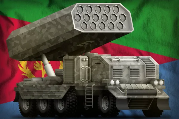 Raketové dělostřelectvo, raketomet s šedou kamufláž na pozadí Eritreho národní vlajky. 3D ilustrace — Stock fotografie