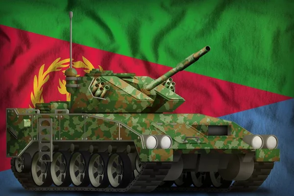 Tanque leve apc com camuflagem de verão no fundo da bandeira nacional da Eritreia. Ilustração 3d — Fotografia de Stock