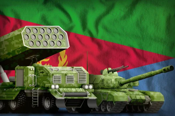 Eritrea heavy military armored vehicles concept on the national flag background. 3d Illustration
