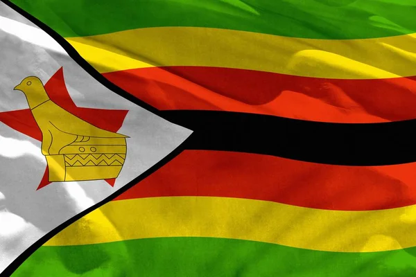 Sventolando bandiera dello Zimbabwe per l'utilizzo come texture o sfondo, la bandiera sventola sul vento — Foto Stock