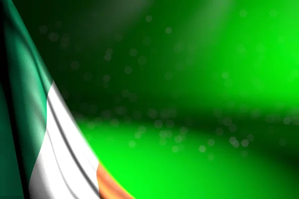 Schönes Foto der irischen Flagge hängt in der Ecke auf Grün mit weichem Fokus und Freiraum für Inhalte - jede Festtagsfahne 3D-Illustration — Stockfoto