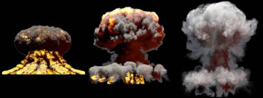 3d patlama illüstrasyon - 3 büyük farklı aşamaları yangın mantar bulut patlama duman ve alev siyah arka plan izole ile füzyon bomba