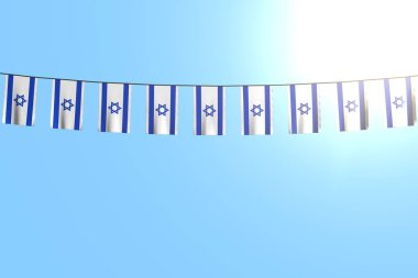 sevimli birçok İsrail bayrakları veya afiş mavi gökyüzü arka plan üzerinde ip asılı - herhangi bir kutlama bayrağı 3d illüstrasyon