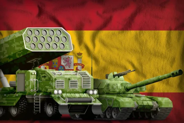 Іспанія важких військових бронетехніки концепцію на національному тлі прапора. 3D ілюстрація — стокове фото