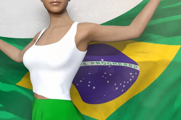 Linda mujer en falda brillante sostiene la bandera de Brasil en las manos detrás de su espalda sobre el fondo blanco - concepto de la bandera 3d ilustración — Foto de Stock