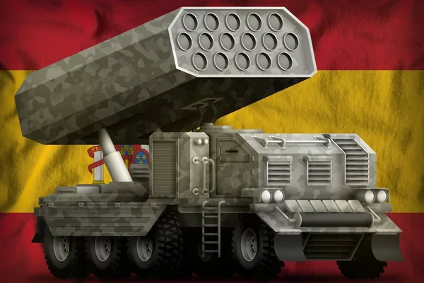 Ракетобудування, ракетна установка з сірим камуфляж на тлі національної прапор Іспанії. 3D ілюстрація — стокове фото