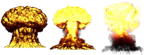 Ilustração 3D da explosão - 3 grandes fases diferentes detalhadas explosão de nuvem de cogumelo de bomba nuclear com fumaça e fogo isolado no branco — Fotografia de Stock