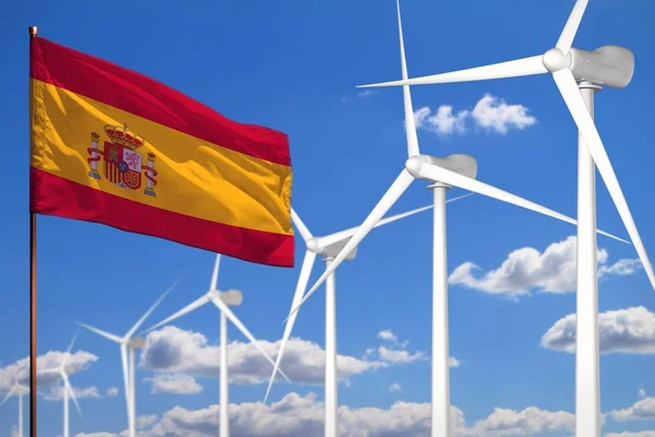 Hiszpania alternatywna energia, energia wiatrowa koncepcja przemysłowa z wiatraków i flaga ilustracji przemysłowych odnawialnych alternatywnych energii, ilustracja 3D — Zdjęcie stockowe