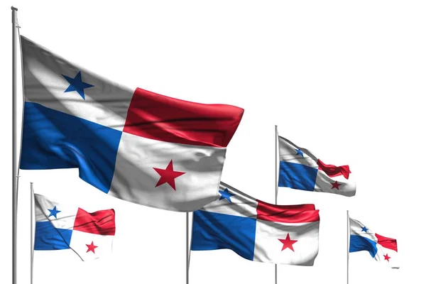 Nice five flags of Panama are wave isolated on white - any holiday flag 3d illustration — Stock Photo, Image
