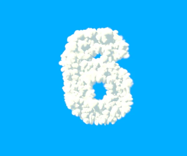 Číslo 6 vyrobené z hustých bílých mraků na modrém pozadí, písmo mraků-3D ilustrace symbolů — Stock fotografie