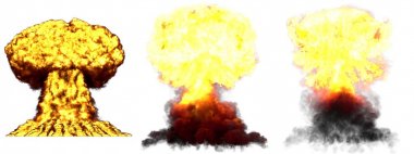 3d patlama illüstrasyon - 3 büyük çok detaylı farklı aşamaları duman ve yangın beyaz izole ile nükleer bomba mantar bulut patlama