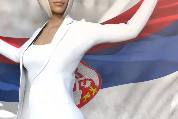 Sexy dama de negocios sostiene la bandera de Serbia en las manos detrás de su espalda en el fondo del edificio de oficinas - concepto de la bandera 3d ilustración — Foto de Stock