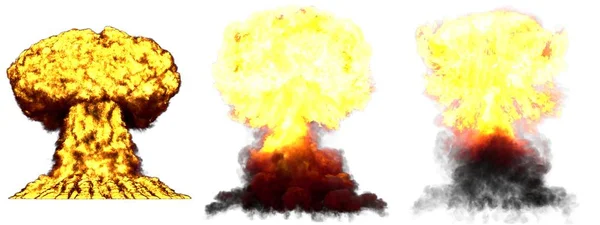 Ilustración 3D de la explosión - 3 grandes fases diferentes muy detalladas explosión de la nube de hongos de la bomba nuclear con humo y fuego aislado en blanco —  Fotos de Stock