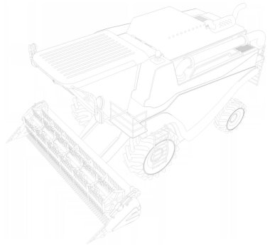 Beyaz, tarım makine yenilik kavramı üzerinde büyük çavdar hasat ince konturlu, ayrıntılı 3d modeli Endüstriyel 3d illüstrasyon