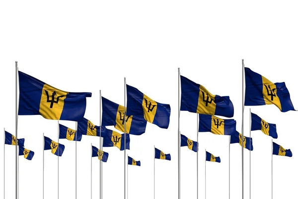Wonderful many Barbados flags in a row isolated on white with empty space for text - any occasion flag 3d illustration — Stock Photo, Image