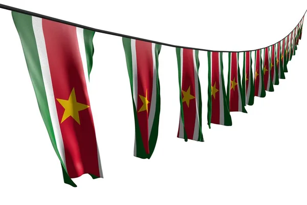Aranyos sok Suriname zászlók vagy bannerek lóg átlós perspektívával kilátás a kötél izolált fehér-minden ünnep zászló 3D illusztráció — Stock Fotó