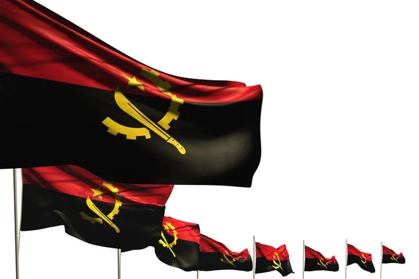 Bonito muitas bandeiras de Angola colocado diagonal isolado no branco com lugar para o seu conteúdo - qualquer ocasião bandeira ilustração 3d — Fotografia de Stock