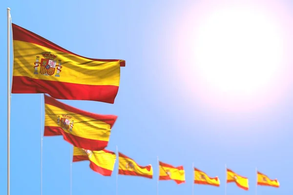Nice many Spain flags placed diagonal with bokeh and empty space for your content - any occasion flag 3d illustration — Stock Photo, Image