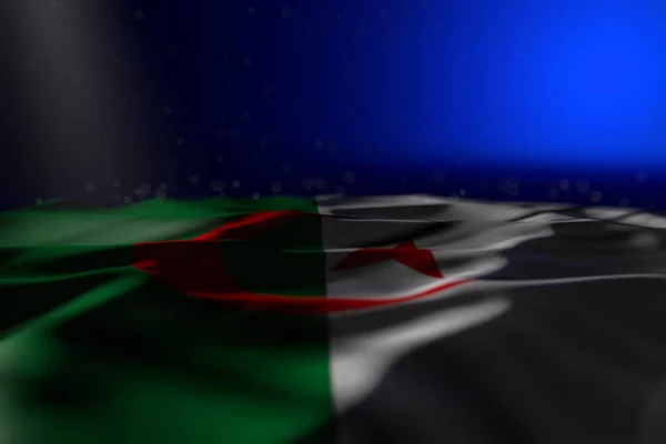 Carino illustrazione scura di Algeria bandiera sdraiato piatto su sfondo blu con messa a fuoco morbida e luogo vuoto per il vostro contenuto - qualsiasi occasione bandiera 3d illustrazione — Foto Stock
