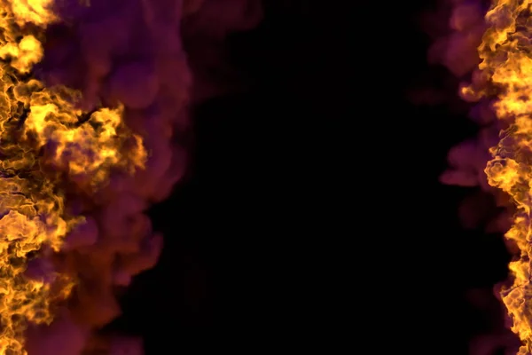 Fogo ardente com quadro de fumaça escura isolado em fundo preto linhas de fogo de lados esquerdo e direito, superior e inferior estão vazios - fogo ilustração 3D — Fotografia de Stock