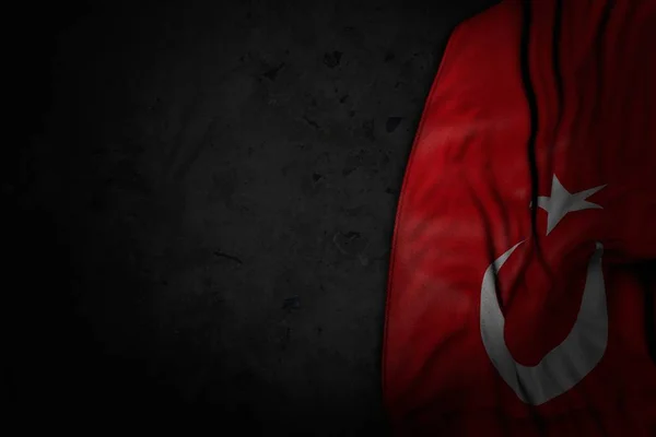 Beautiful dark image of Turkey flag with large folds on black stone with free place for text - any occasion flag 3d illustration — Stock Photo, Image