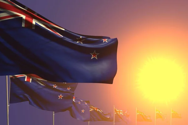 Szép sok Új-Zéland zászlók elhelyezett átlós a naplementében a hely a tartalom-minden ünnep zászló 3D illusztráció — Stock Fotó