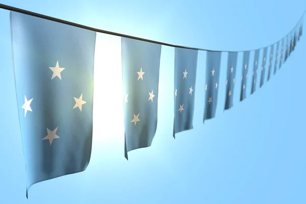 Vrij veel Micronesia vlaggen of banners hangen diagonaal op string op blauwe hemel achtergrond met bokeh-elke feest vlag 3D illustratie — Stockfoto