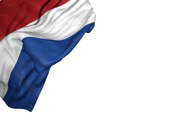 大きな折り目を持つ素敵なオランダの旗は、白で隔離された左上隅に横たわって - 任意のお祝いフラグ3Dイラスト — ストック写真