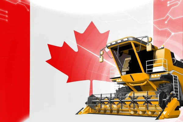 Agriculture innovation concept, yellow advanced grain combine harvester on Canada flag - digital industrial 3D illustration